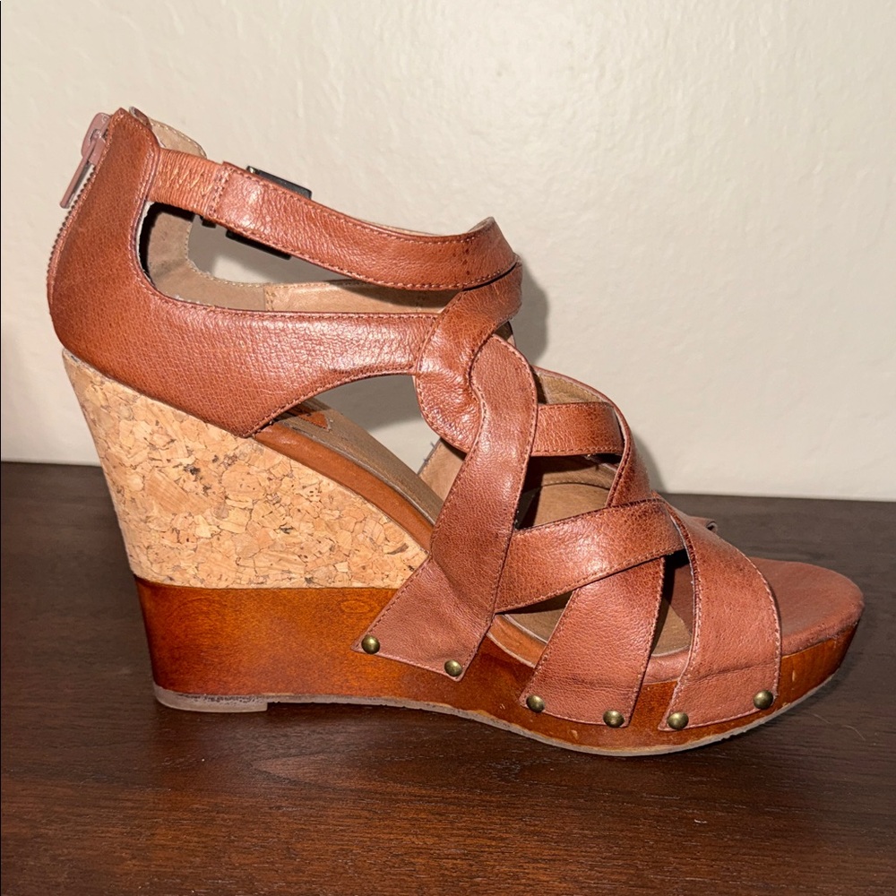 Miz Mooz Kay Cognac Leather Strappy Cork Wood Wedge Sandals Brown Womens - Picture 4 of 12
